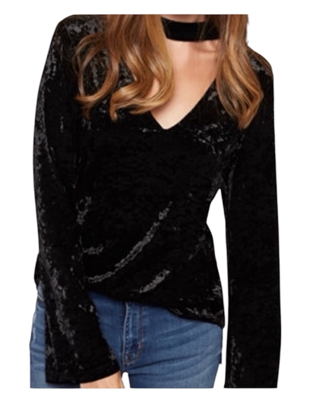 Sanctuary Black Velvet V-Neck Long Sleeve Top